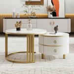 Eifson - lot de 2 ronde table basse gigogne, avec plateau brillant et dessus marbre blanc, 2 tiroirs, ... Eifson - lot de 2 ronde table basse gigogne, avec plateau brillant et dessus marbre blanc, 2 tiroirs, ...