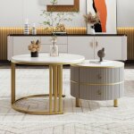 Eifson - lot de 2 ronde table basse gigogne, avec plateau brillant et dessus marbre blanc, 2 tiroirs, ... Eifson - lot de 2 ronde table basse gigogne, avec plateau brillant et dessus marbre blanc, 2 tiroirs, ...
