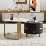 Lot de 2 ronde table basse gigogne, avec plateau brillant et dessus marbre blanc, 2 tiroirs, poignes ...