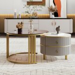 Eifson - lot de 2 ronde table basse gigogne, avec plateau brillant et plateau en verre trempé marron, ... Eifson - lot de 2 ronde table basse gigogne, avec plateau brillant et plateau en verre trempé marron, ...