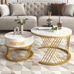 Eifson - lot de 2 ronde table basse gigogne, plateau marbre, tiroirs en rotin plastique, poignées en ... Eifson - lot de 2 ronde table basse gigogne, plateau marbre, tiroirs en rotin plastique, poignées en ...