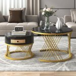 Lot de 2 ronde table basse gigogne, plateau marbre, tiroirs en rotin plastique, poign�es en bois massif, ...