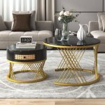 Lot de 2 ronde table basse gigogne, plateau marbre, tiroirs en rotin plastique, poignées en bois massif, ... Lot de 2 ronde table basse gigogne, plateau marbre, tiroirs en rotin plastique, poignées en bois massif, ...