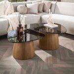 Lot de 2 tables basses 74 et 91 cm en verre fum� brun et bois