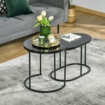 Lot de 2 tables basses empilables structure en acier plateau en mdf effet marbre noir pour salon