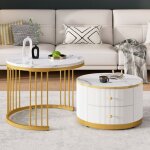 Lot de 2 table basse gigogne 60 cm, rond, avec 2 tiroir, plateau de imitation marbre, cadre en m�tal, ...