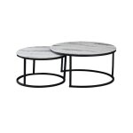 Lot de 2 tables basses gigogne arto mtal noir et plateau verre effet marbr blanc