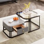 Lot de 2 table basse gigogne, carre, 60 cm, avec plateau en verre, tiroirs, rangement, pieds en mtal, ...