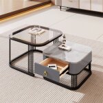 Eifson - lot de 2 tables basses gigognes carres, aspect marbre brillant, plateau en verre, pieds noirs, ...