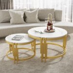 Modernluxe ? lot de 2 tables basses gigognes ? plateau effet marbre mdf ? structure m�tal dor� ? dimensions ...