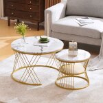 Hommoo - table basse gigogne ronde, lot de 2, table basse gigogne blanche, cadre en mtal dor, placage ...