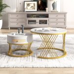 Lot de 2 tables basses gigognes rondes, diamtre 70 cm + 50 cm, design effet marbre, table d'appoint ...