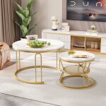 Lot de 2 table basse gigogne, ronde, 70 cm, aspect marbre, cadre dor, pour salon, salle  manger - dor ...