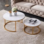 Lot de 2 tables basse gigogne rondes, 80 cm - plateau en bois effet marbre et pieds en m�tal, style industriel ...