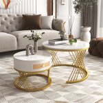 Lot de 2 table basse gigogne ronde, table d'appoint avec plateau en marbre et tiroirs en rotin, pieds ... Lot de 2 table basse gigogne ronde, table d'appoint avec plateau en marbre et tiroirs en rotin, pieds ...