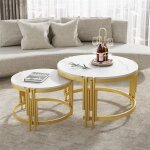 Fortuna lai - lot de 2 table basse gigogne, table ronde, aspect marbre, structure en m�tal dor�, d71, ...