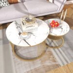 Fortuna lai ? lot de 2 tables basses gigognes rondes ? plateaux effet marbre blanc ? structure m�tal ...