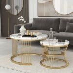 Lot de 2 tables basses gigognes rondes design contemporain - plateaux effet marbre blanc et structure ...