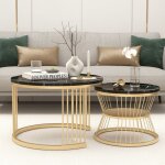 Lot de 2 tables basses gigognes rondes design contemporain - plateaux effet marbre noir et structure ...