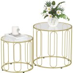 Lot de 2 tables basses gigognes rondes modernes avec cadre en m�tal et plateau en verre tremp�, ton dor� ...