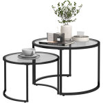Lot de 2 tables basses gigognes rondes plateau verre tremp� et pied en acier au carbone noir