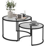 Lot de 2 tables basses gigognes rondes plateau verre tremp� et pied en acier au carbone noir