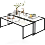 Lot de 2 tables basses gigognes tables de salon rectangulaires design en acier noir et plateaux en verre ...