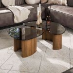 Lot de 2 tables basses organiques en verre fum� brun et bois