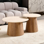 Lot de 2 tables basses rondes 70cm et 50cm en d�cor ch�ne et travertin