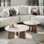 M&s - lot de 2 tables basses rondes effet bois et travertin - kriola