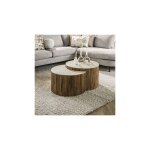Lot de 2 tables basses rondes effet travertin et manguier Lot de 2 tables basses rondes effet travertin et manguier