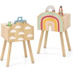 Lot de 2 tables de chevet pour enfants avec motifs arc - en - ciel et nuage, pieds en bois massif et ...