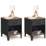 Lot de 2 tables de chevet ester 1 tiroir m�tal noir avec niche et plateau fa�on h�tre design industriel ...