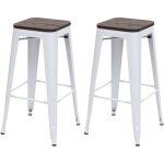 Lot de 2 tabourets de bar assise en bois cadre en métal blanc design industriel empilable 040007449 Lot de 2 tabourets de bar assise en bois cadre en métal blanc design industriel empilable 040007449