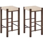 Lot de 2 tabourets de bar boh�me en bois d'h�v�a avec assise tress�e cuisine salle � manger marron fonc� ...