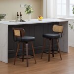 Lot de 2 tabourets de bar pivotants 360� avec repose - pieds, dossier cannage, assise pu noir, bois noyer ...