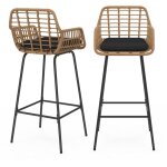 Idmarket ? lot de 2 tabourets de bar effet rotin beige avec accoudoirs ? pied en m�tal noir ? hauteur ...