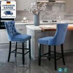 Lot de 2 tabouret de bar velours en bois - rev�tement capitonn� et pieds en bois - garniture de t�te ...