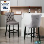 Lot de 2 tabouret de bar velours en bois - rev�tement capitonn� et pieds en bois - garniture de t�te ...