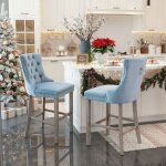 Lot de 2 tabourets de bar en velours - capitonnage boutonn�, pieds en bois et rivets chrom�s d�coratifs ...