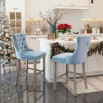 Lot de 2 tabourets de bar en velours - capitonnage boutonn�, pieds en bois et rivets chrom�s d�coratifs ...