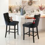 Lot de 2 tabourets de bar en velours - capitonnage boutonn�, pieds en bois et rivets chrom�s d�coratifs ...