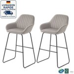 Lot de 2 tabouret de bar velours - style moderne - pieds en m�tal - accoudoirs rembourr�s - gris