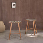 Lot de 2 tabourets de bar en teck massif et tissu ray�