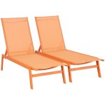 Lot de 2 transats. 5 positions. en textil�ne orange et m�tal l155 x p59 x h106cm