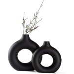 Lot de 2 vases c�ramique donut noir mat, minimaliste nordique pour pampa (grand + petit)