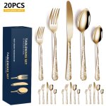 Lot de 20 couverts en acier inoxydable poli avec miroir de fleurs comprenant couteau, fourchette, cuillres ...