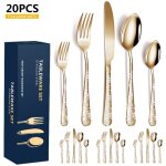 Lot de 20 couverts en acier inoxydable poli avec miroir de fleurs comprenant couteau, fourchette, cuillres ...