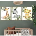 Lot de 3 affiche animaux safari poster jungle girafe zebre lion tableau murale 30x40 enfant bebe chambre ...