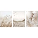 Lot de 3 affiches murales style bohme, nature, plage, herbe de la pampa, sans cadre